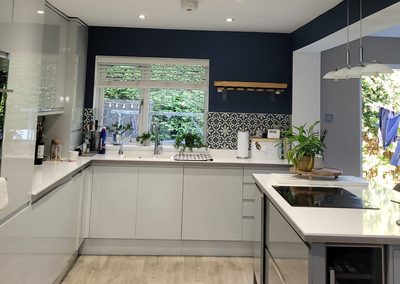 Kitchen after decorating, fresh ceiling and navy walls