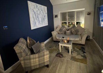 Living room after decorating, navy feature wall